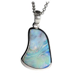 Boulder Opal Silver Pendant Light Blue Australian Opal Necklace gift friend