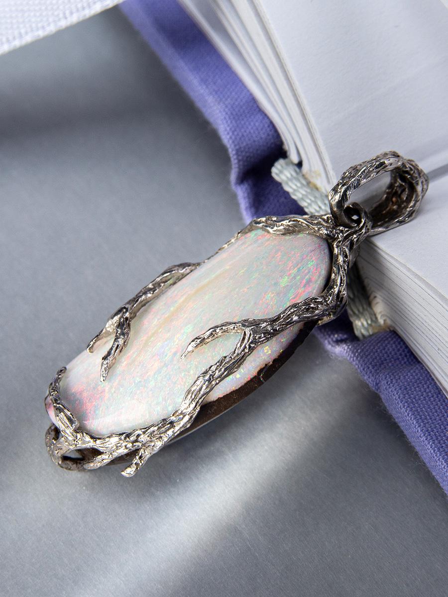 Art Nouveau Boulder Opal Silver Pendant Nacreous White Multicolor Natural Australian Stone For Sale