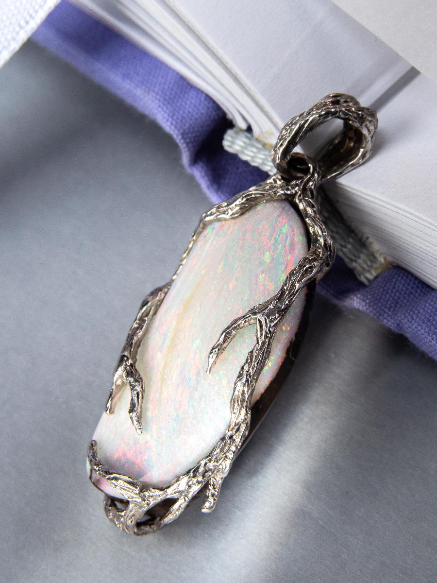 Uncut Boulder Opal Silver Pendant Nacreous White Multicolor Natural Australian Stone For Sale