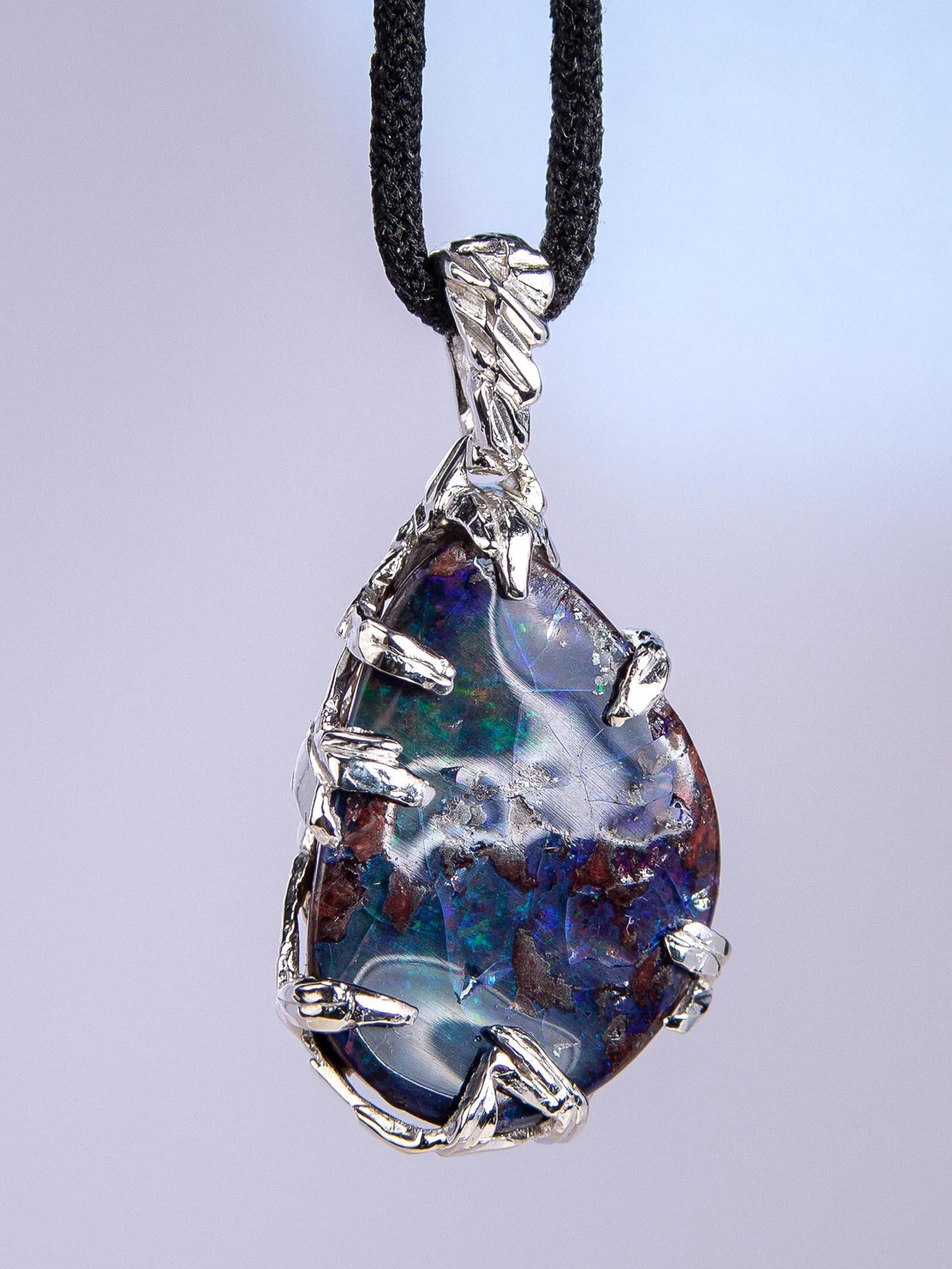 Boulder Opal Silver Pendant Natural Australian Gemstone Unisex Mens Jewelry For Sale 5