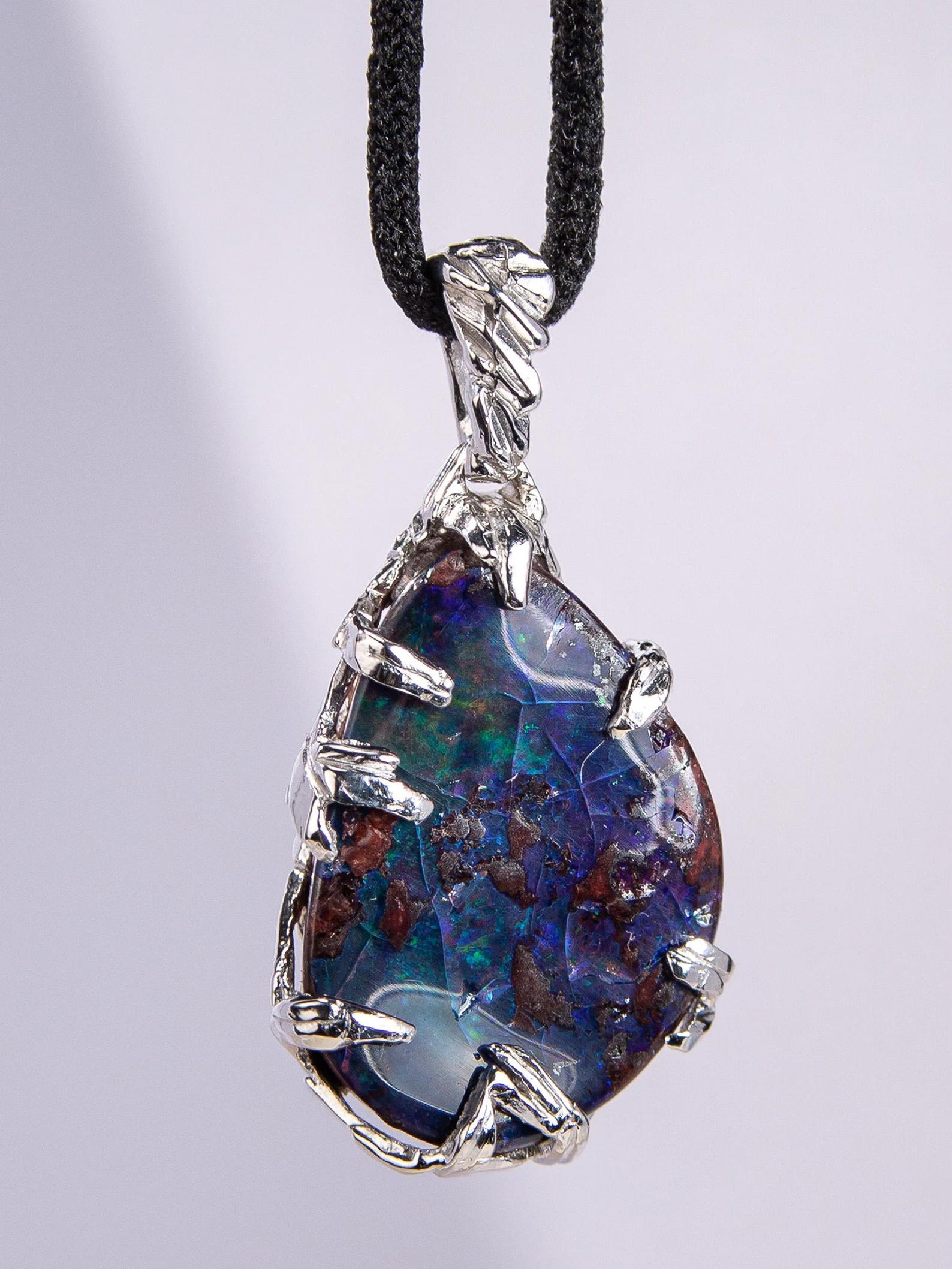 Boulder Opal Silver Pendant Natural Australian Gemstone Unisex Mens Jewelry For Sale 6