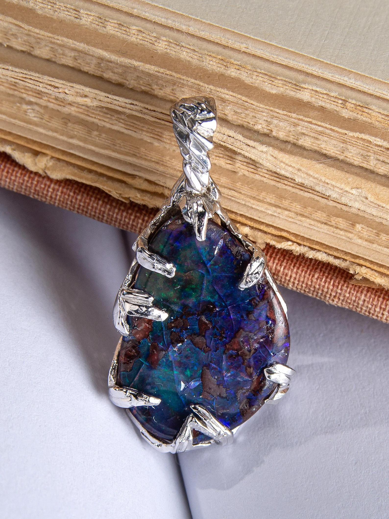 Artisan Boulder Opal Silver Pendant Natural Australian Gemstone Unisex Mens Jewelry For Sale