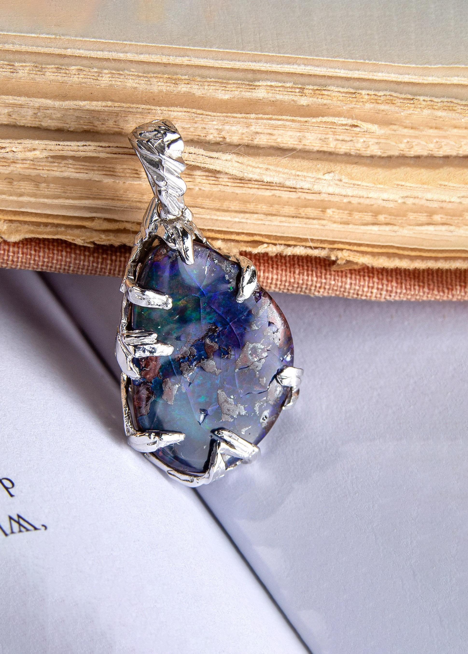 Pear Cut Boulder Opal Silver Pendant Natural Australian Gemstone Unisex Mens Jewelry For Sale