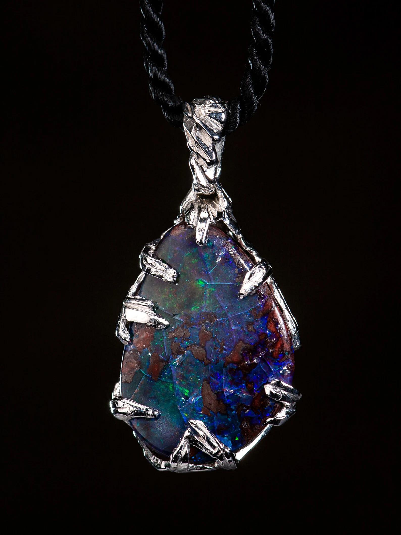 Boulder Opal Silver Pendant Natural Australian Gemstone Unisex Mens Jewelry In New Condition For Sale In Berlin, DE