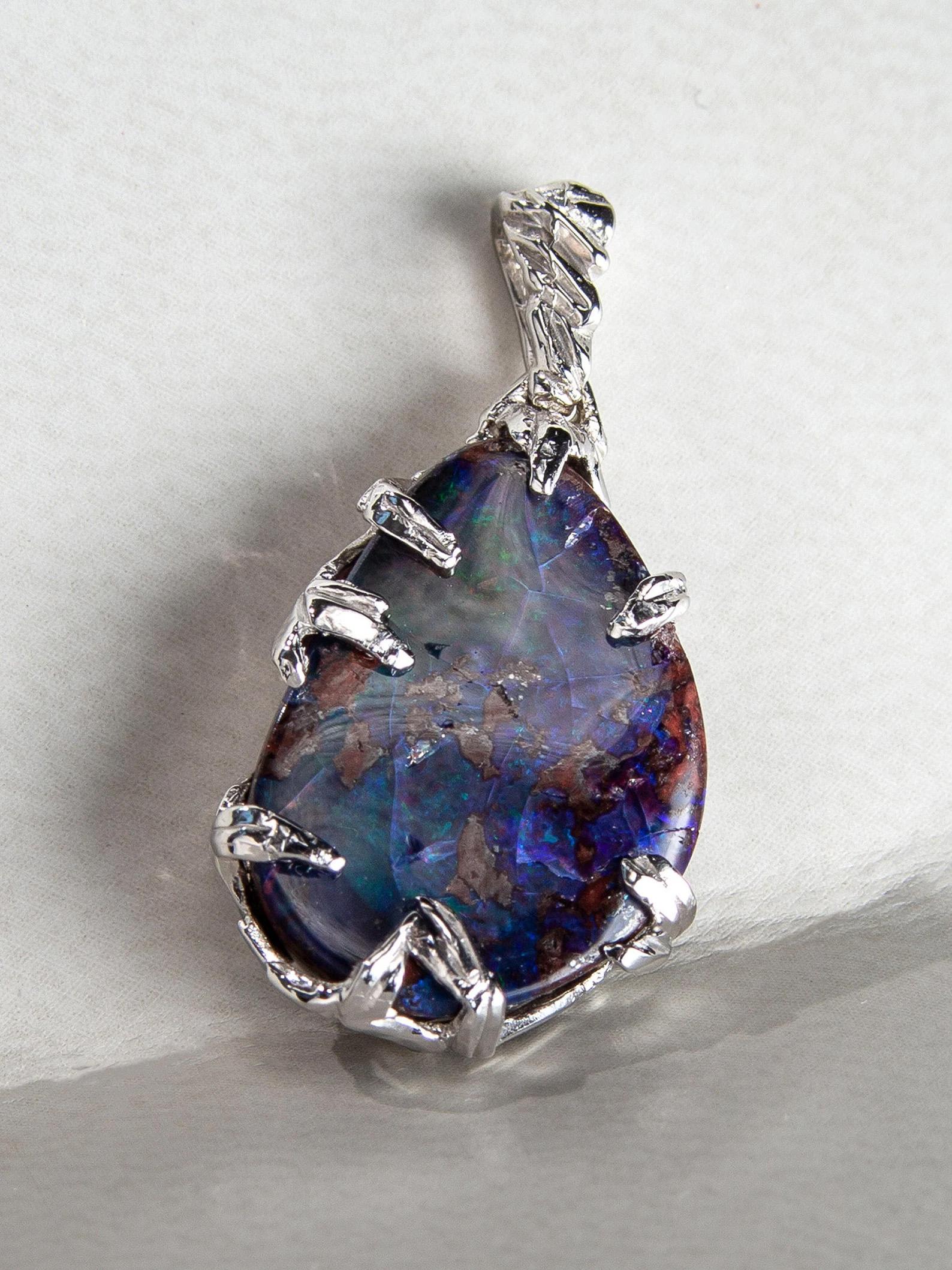Boulder Opal Silver Pendant Natural Australian Gemstone Unisex Mens Jewelry For Sale 1