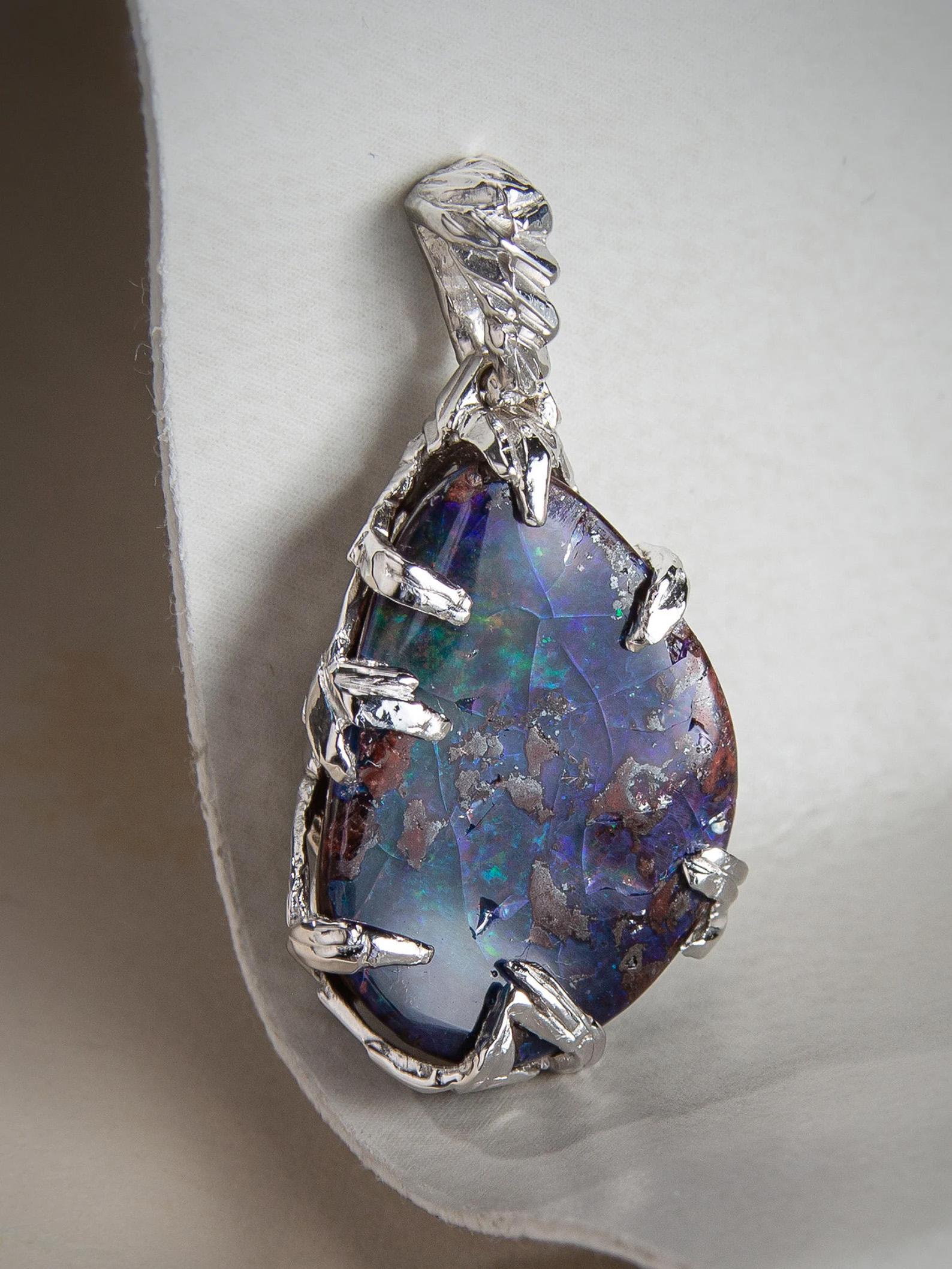 Boulder Opal Silver Pendant Natural Australian Gemstone Unisex Mens Jewelry For Sale 3