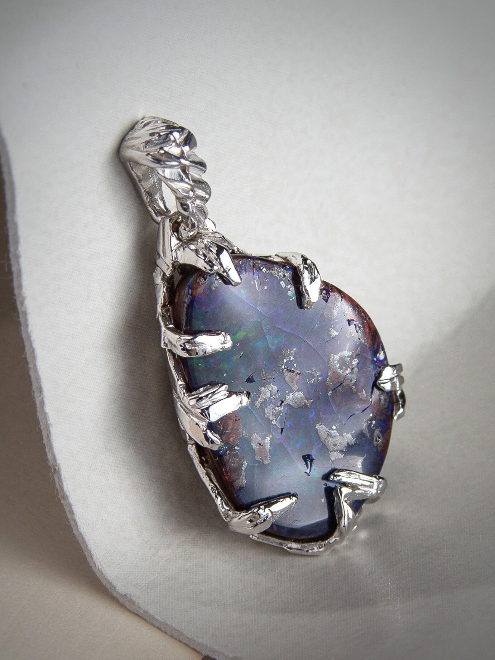 Boulder Opal Silver Pendant Natural Australian Gemstone Unisex Mens Jewelry For Sale 4