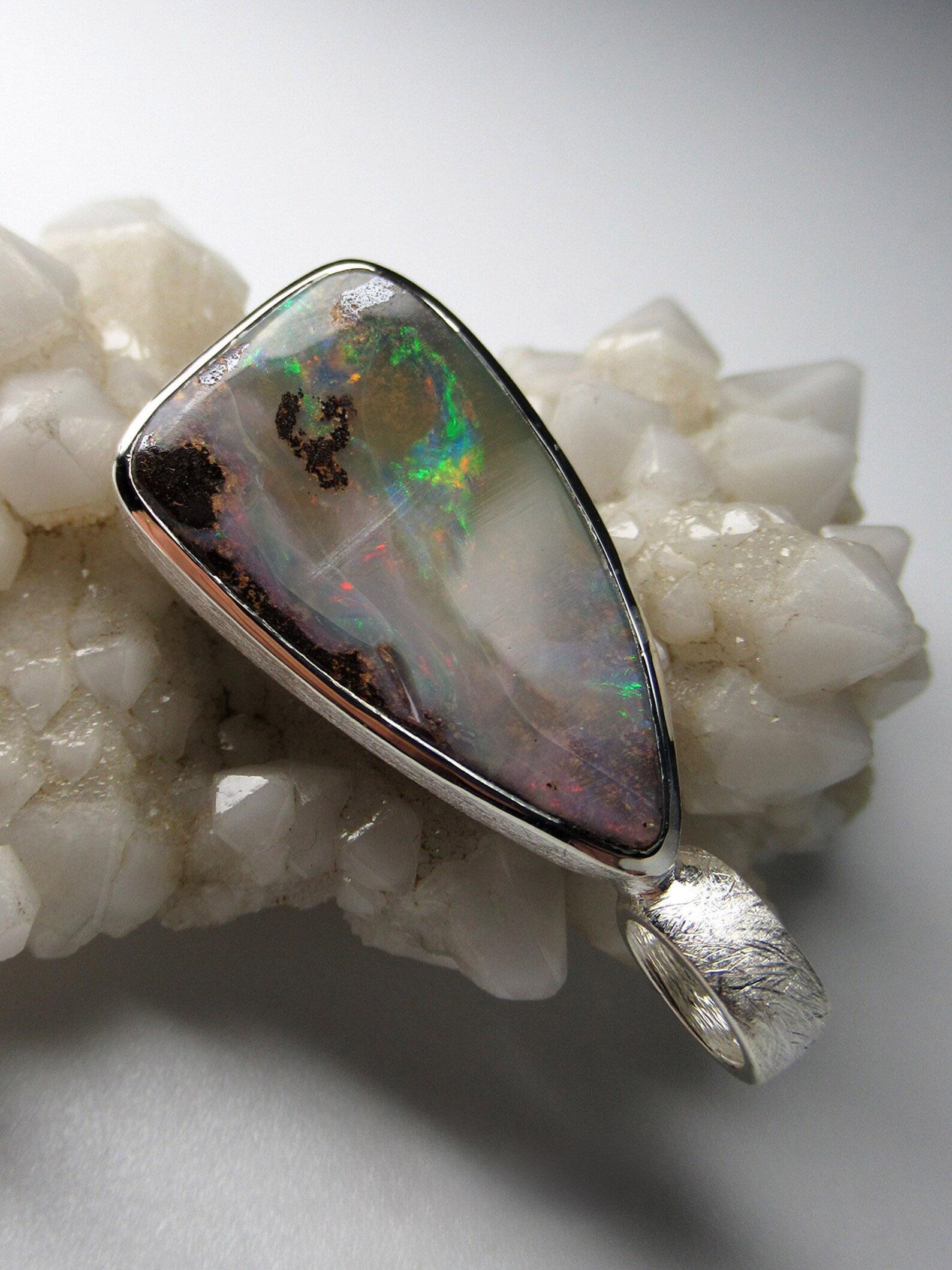 Boulder Opal Silver Pendant Pale Natural Australian Gemstone Unisex Jewelry 1