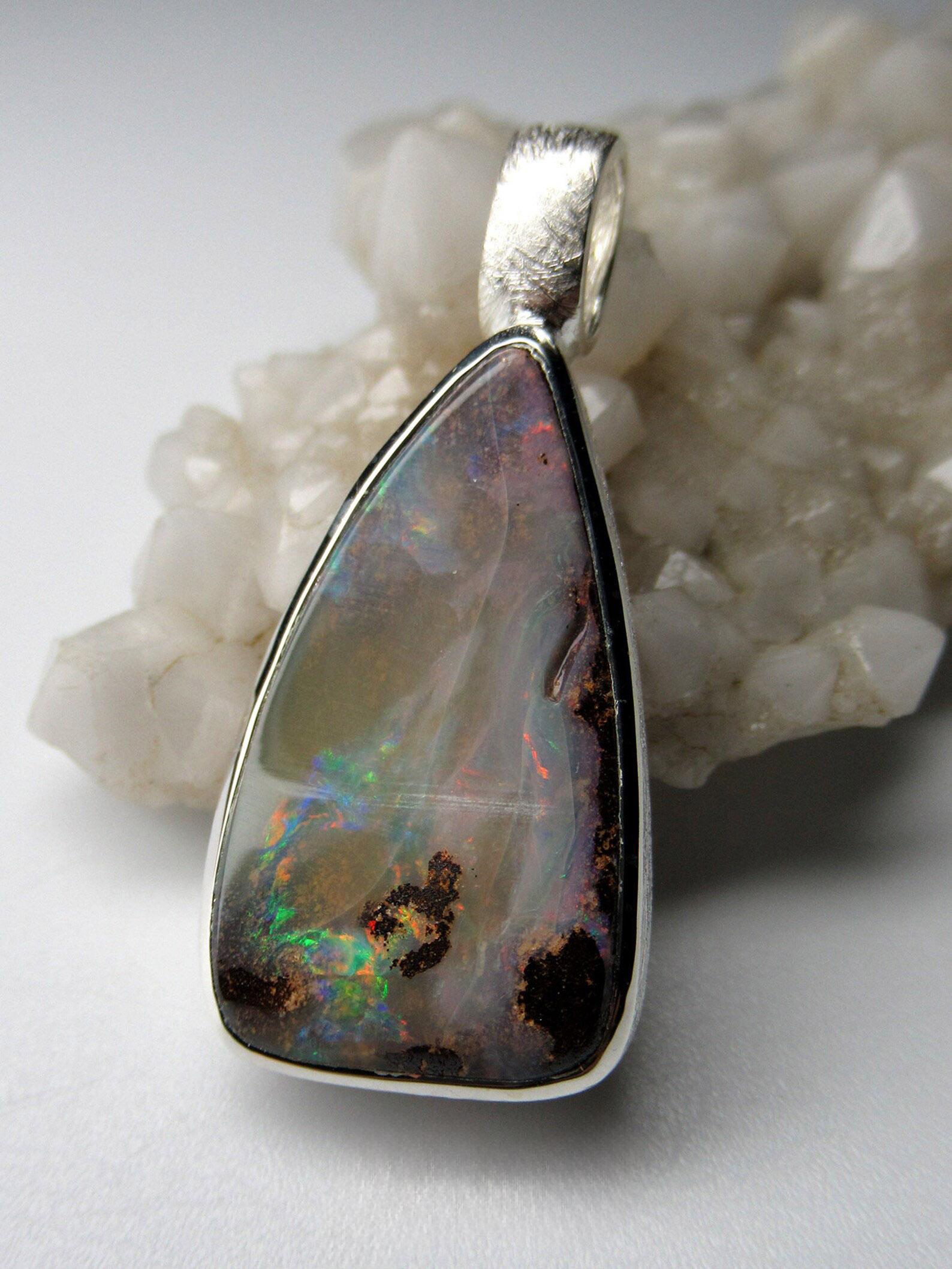 Boulder Opal Silver Pendant Pale Natural Australian Gemstone Unisex Jewelry 3