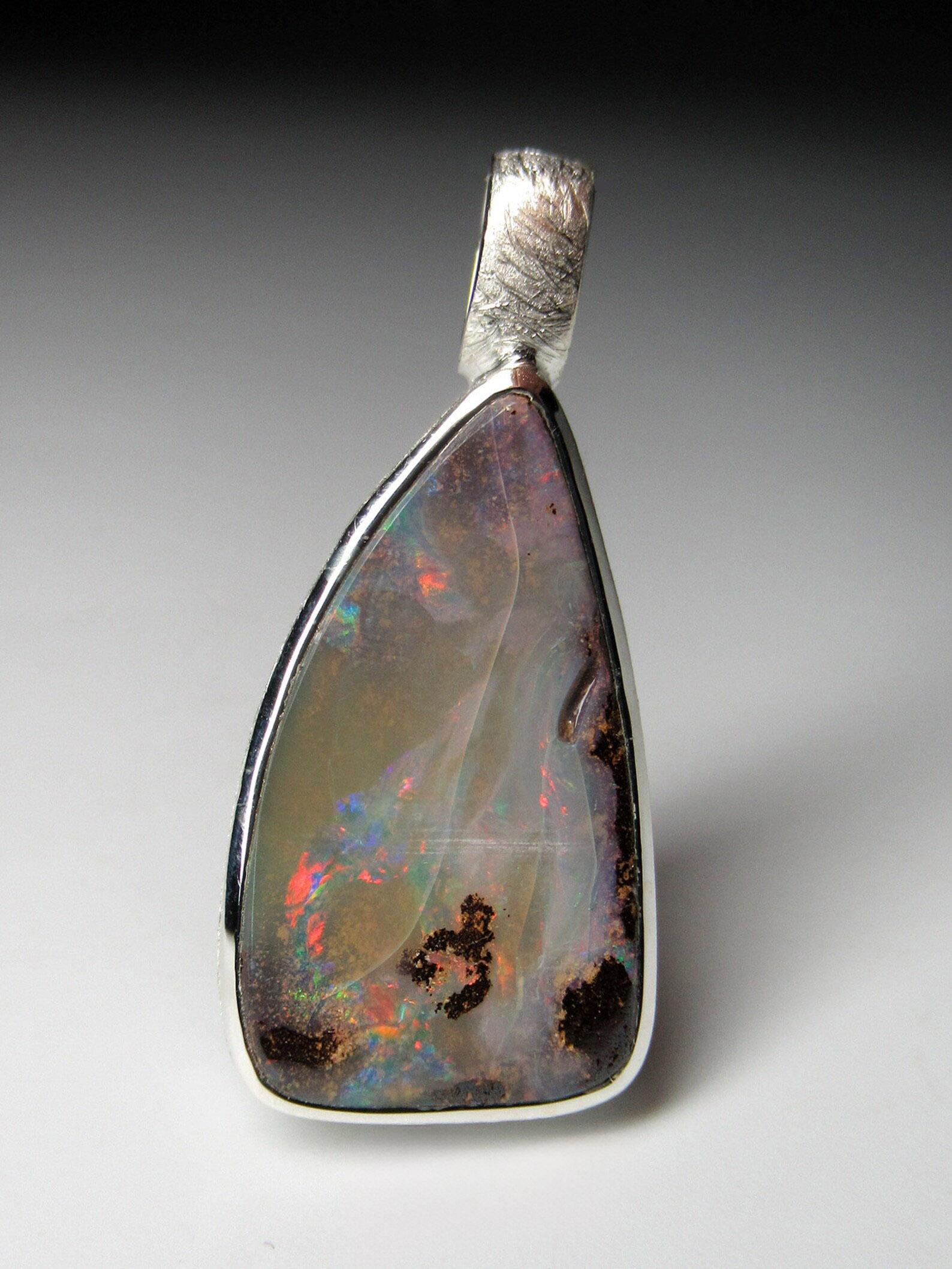 Boulder Opal Silver Pendant Pale Natural Australian Gemstone Unisex Jewelry 4