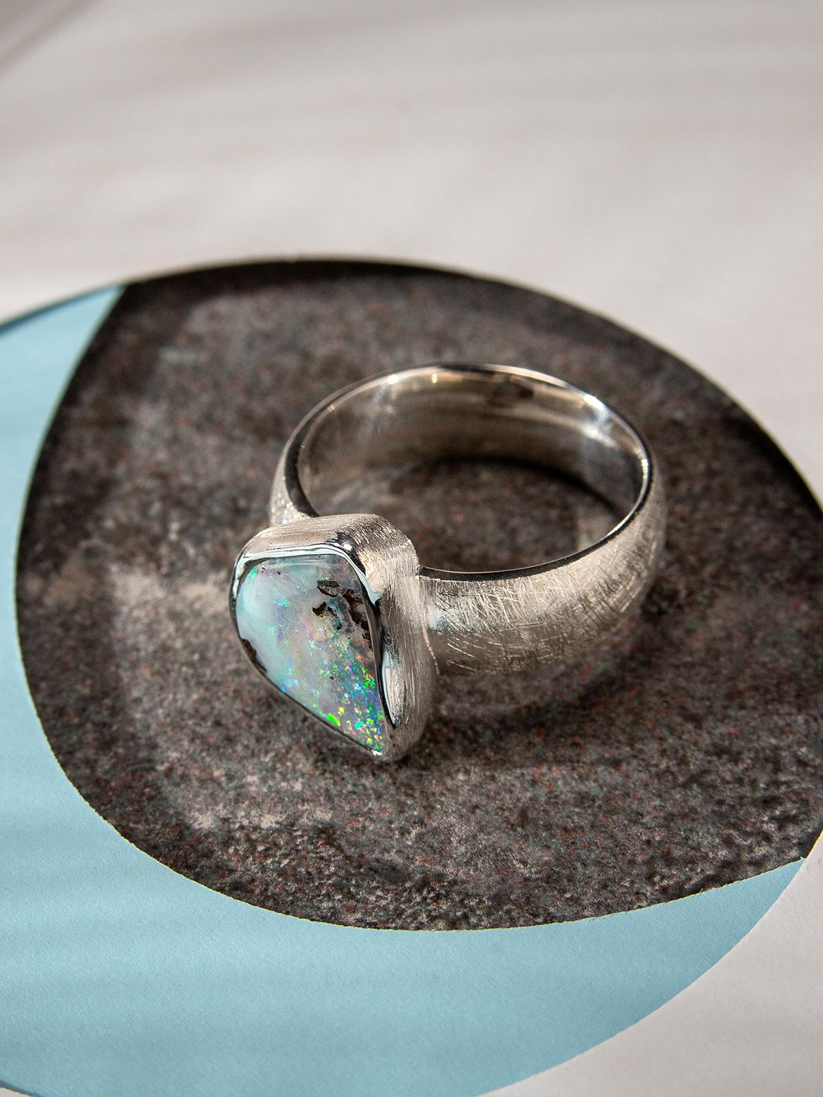 Boulder Opal Silver Ring  5 carat anniversary opal wedding gift vintage style For Sale 4