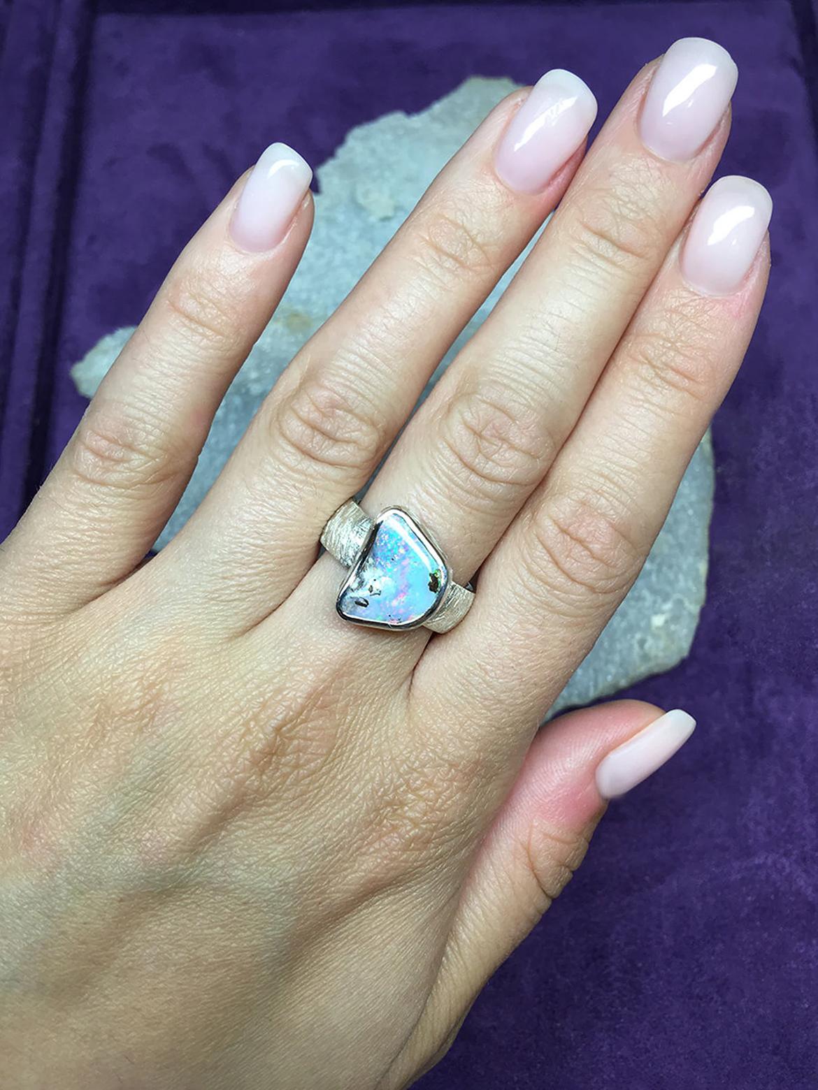Artisan Boulder Opal Silver Ring  5 carat anniversary opal wedding gift vintage style For Sale