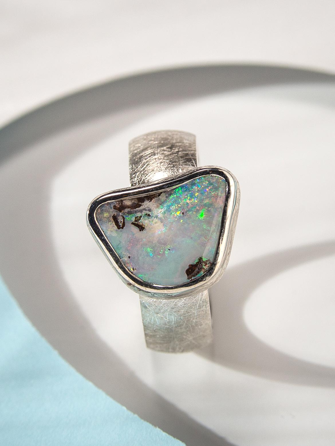 Women's or Men's Boulder Opal Silver Ring  5 carat anniversary opal wedding gift vintage style For Sale