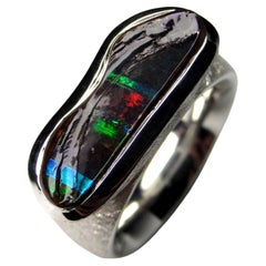 Boulder Opal Silver Ring Australian Colorful Red Blue Brown Gemstone