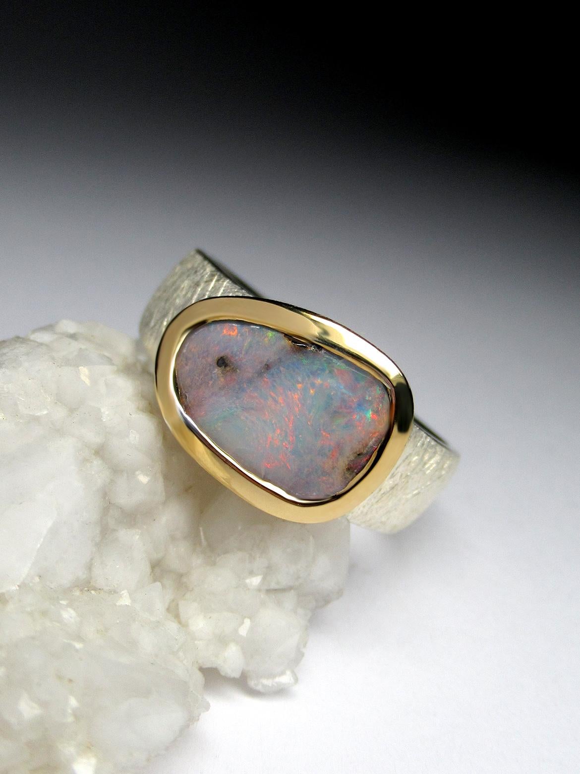 Art Deco Boulder Opal Silver Ring Australian Opal Wedding Anniversary Statement Ring For Sale
