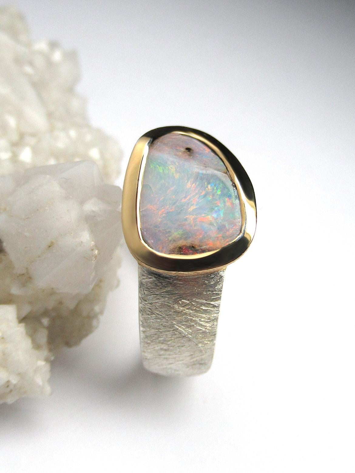 Boulder Opal Silver Ring Australian Opal Wedding Anniversary Statement Ring In New Condition For Sale In Berlin, DE