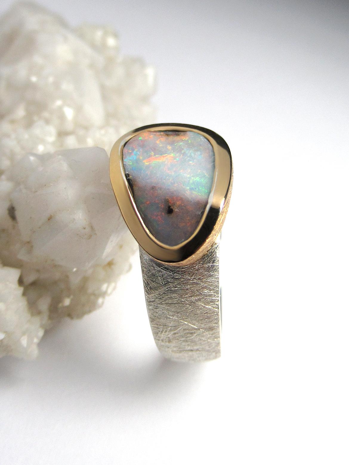 Women's or Men's Boulder Opal Silver Ring Australian Opal Wedding Anniversary Statement Ring For Sale
