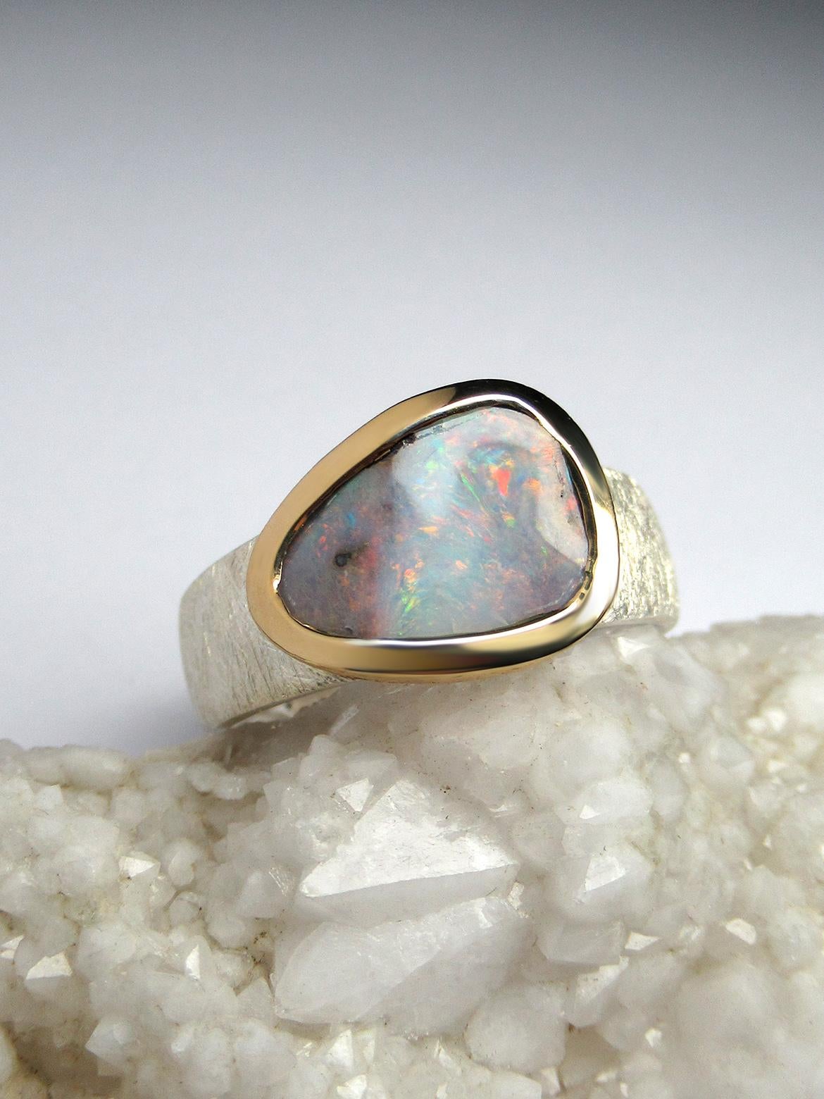 Boulder Opal Silver Ring Australian Opal Wedding Anniversary Statement Ring For Sale 1