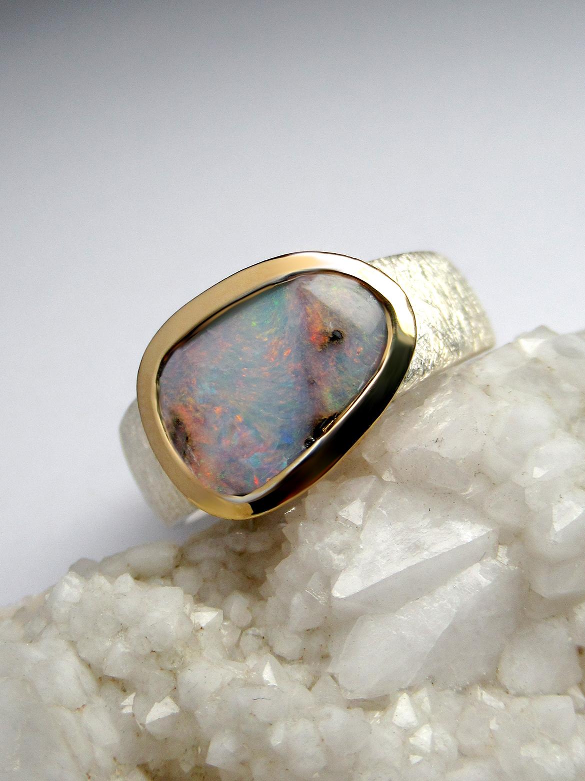 Boulder Opal Silver Ring Australian Opal Wedding Anniversary Statement Ring For Sale 2