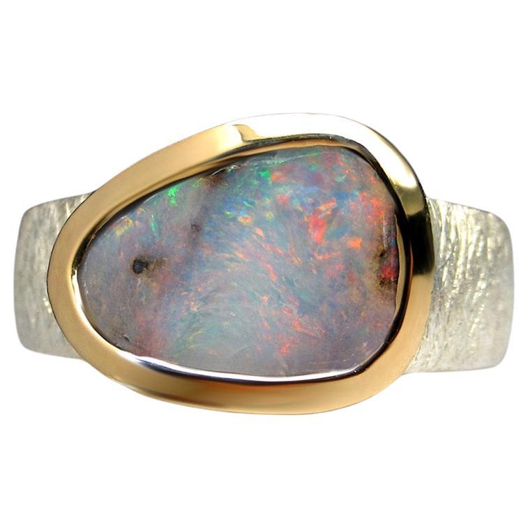Boulder Opal Silver Ring Australian Opal Wedding Anniversary Statement Ring For Sale
