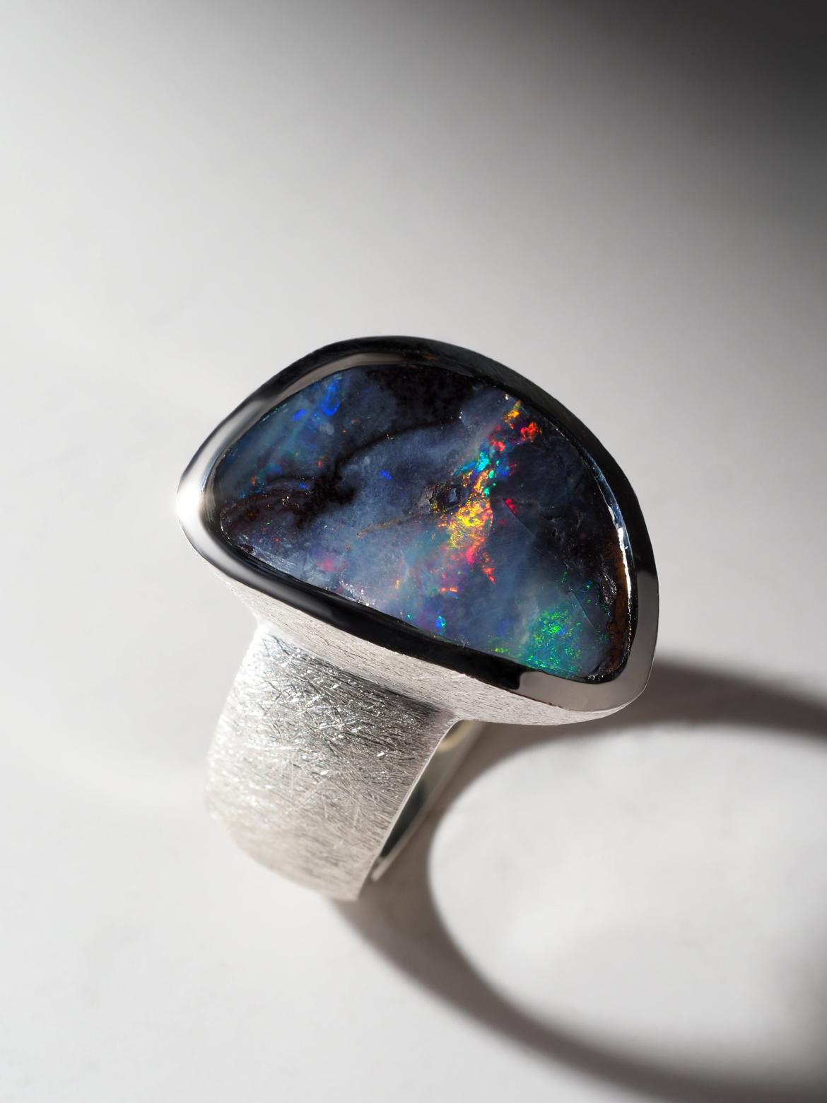 Oval Cut Boulder Opal Silver Ring Mens Statement Jewelry Gift birthday For Sale