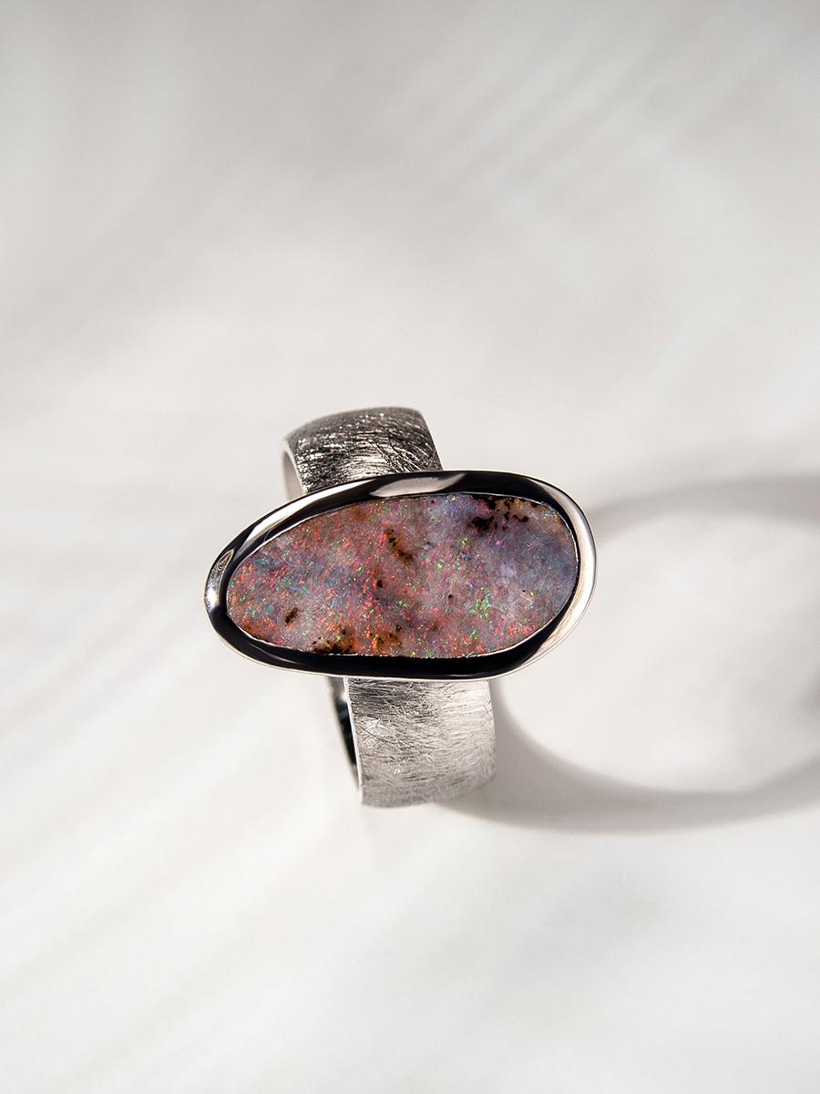 Contemporary Boulder Opal Silver Ring Mens Unisex Bold Modern Textured Metal Australian Opal