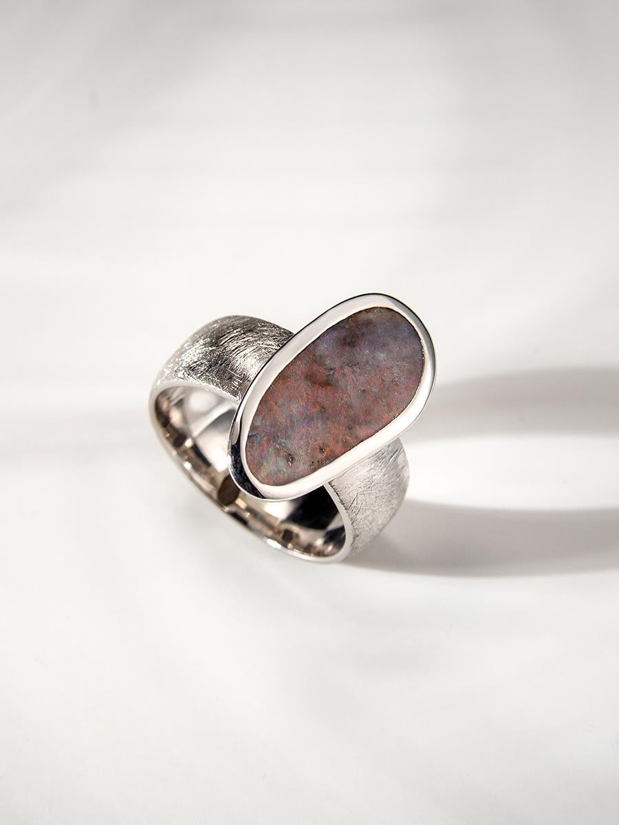 Boulder Opal Silver Ring Mens Unisex Bold Modern Textured Metal Australian Opal 1