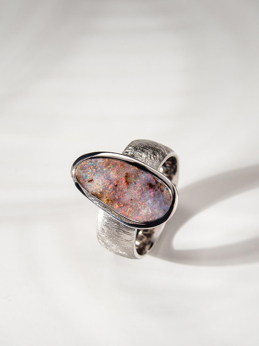 Boulder Opal Silver Ring Mens Unisex Bold Modern Textured Metal Australian Opal 2