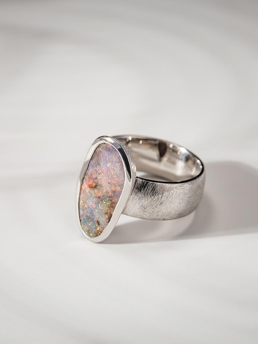 Boulder Opal Silver Ring Mens Unisex Bold Modern Textured Metal Australian Opal 4