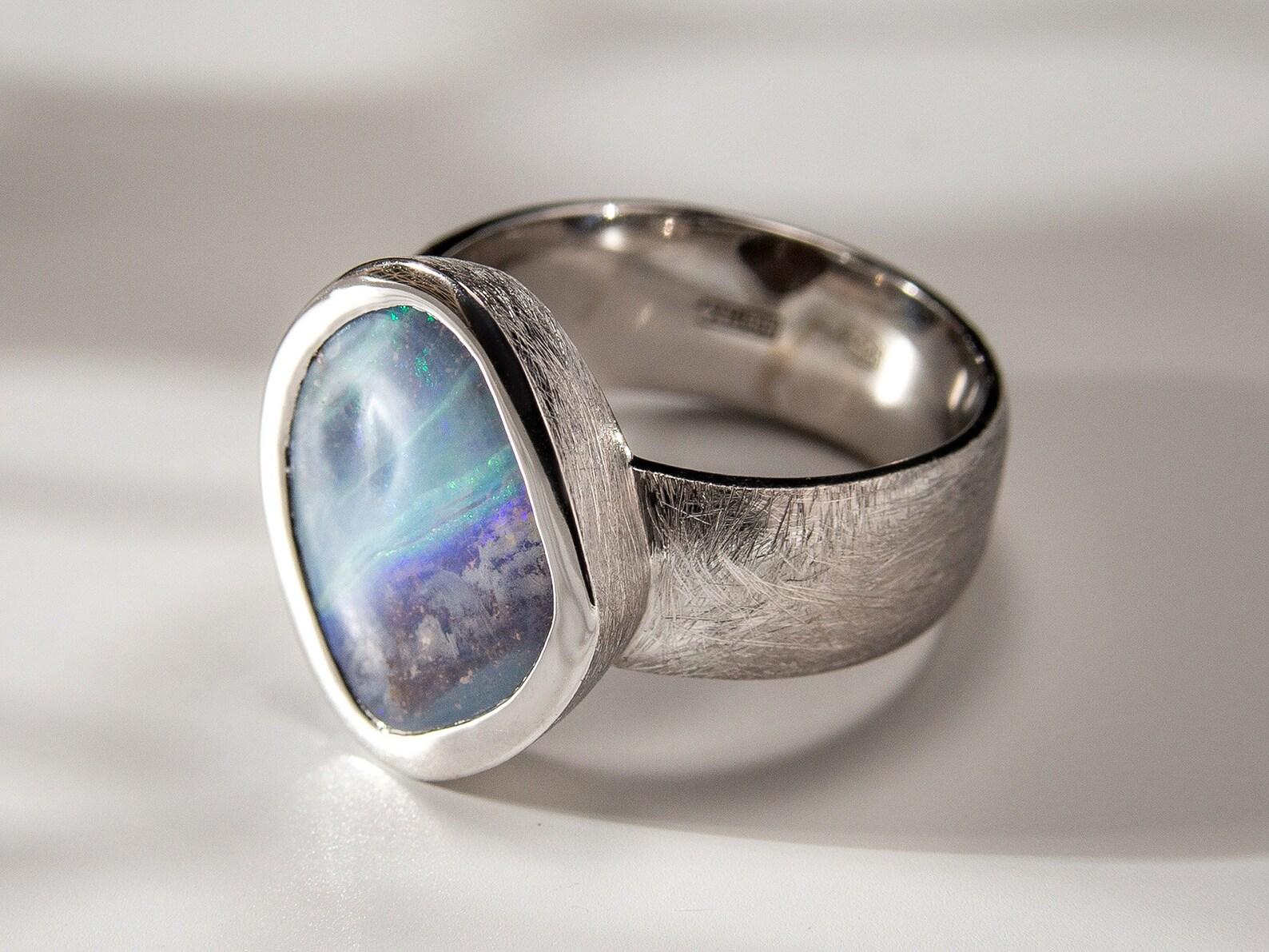 Artisan Boulder Opal Silver Ring Natural Australian 6ct Gemstone opal jewelry  For Sale