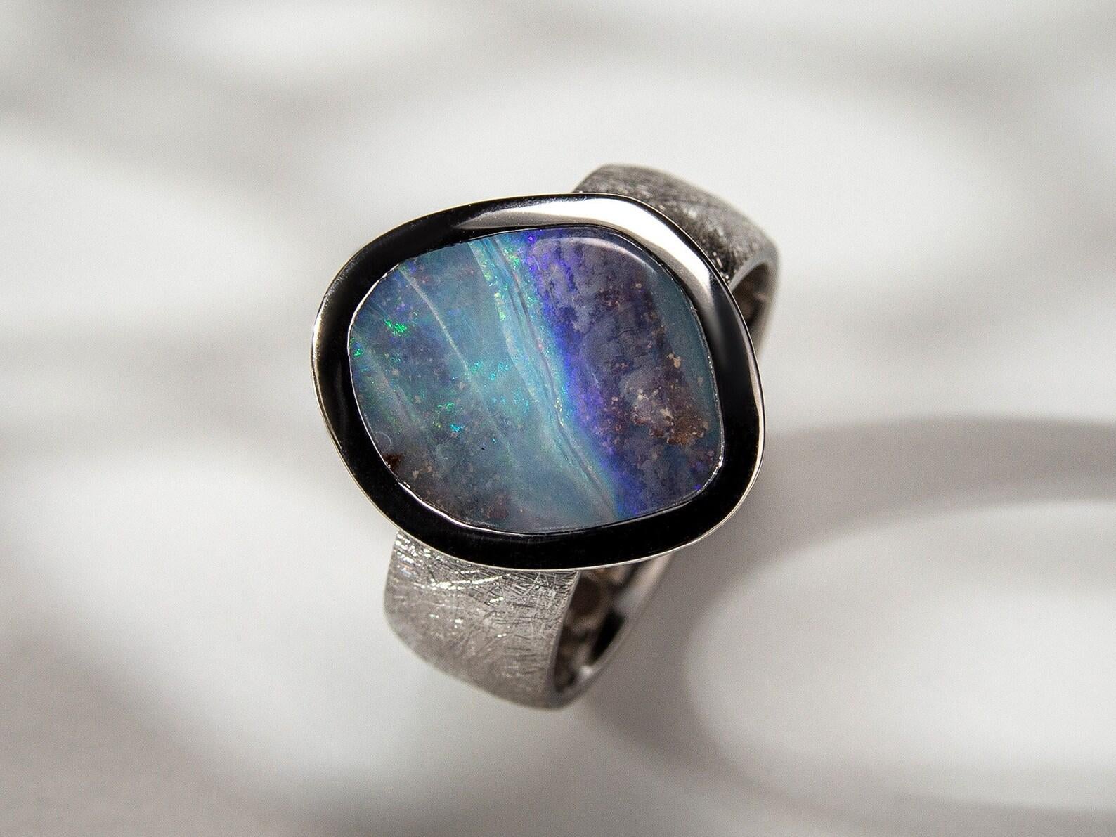 Boulder Opal Silver Ring Natural Australian 6ct Gemstone opal jewelry  In New Condition For Sale In Berlin, DE