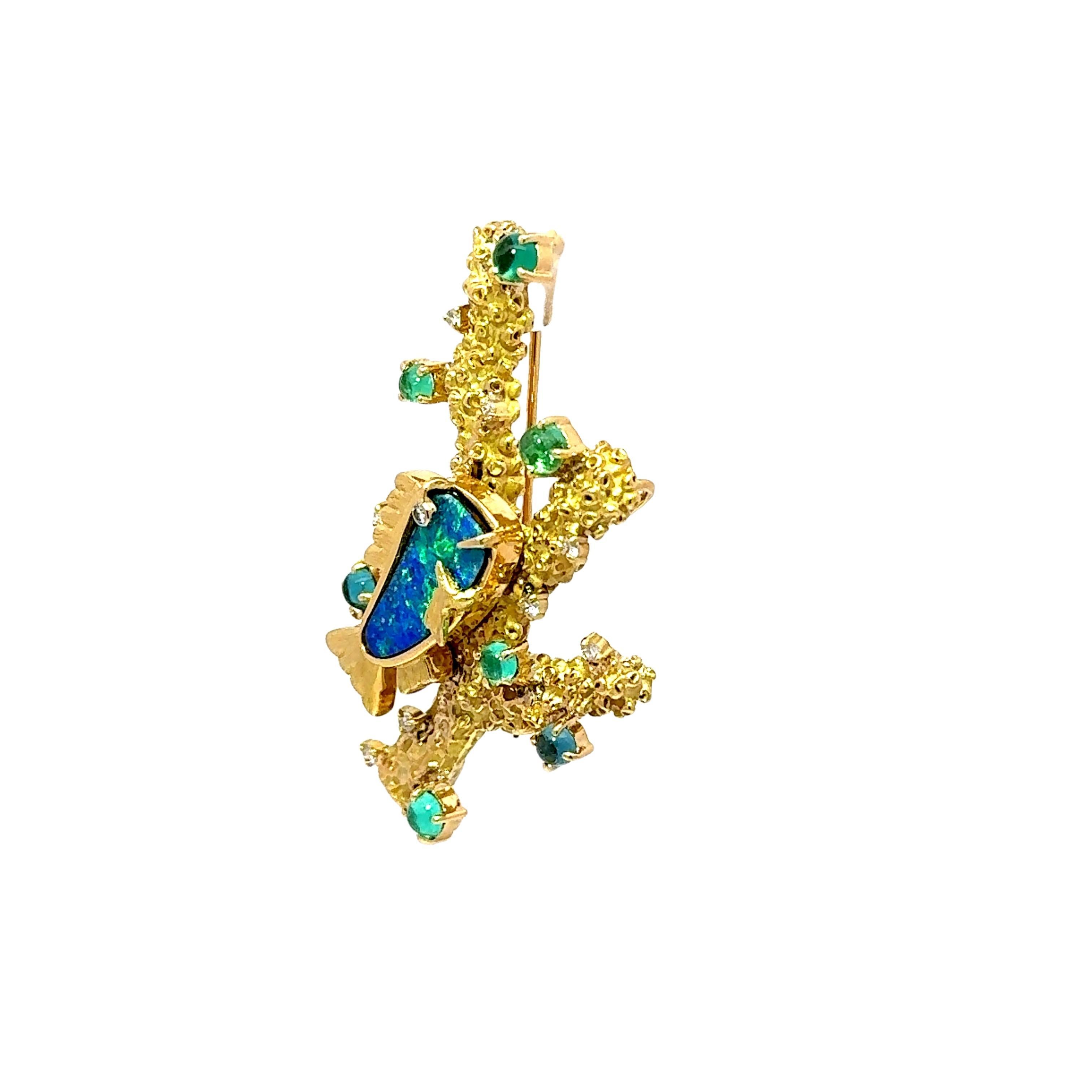 Contemporary Boulder Opal & Paraiba Tourmaline Diamond 18k Yellow Gold “Fish in Coral” Brooch For Sale