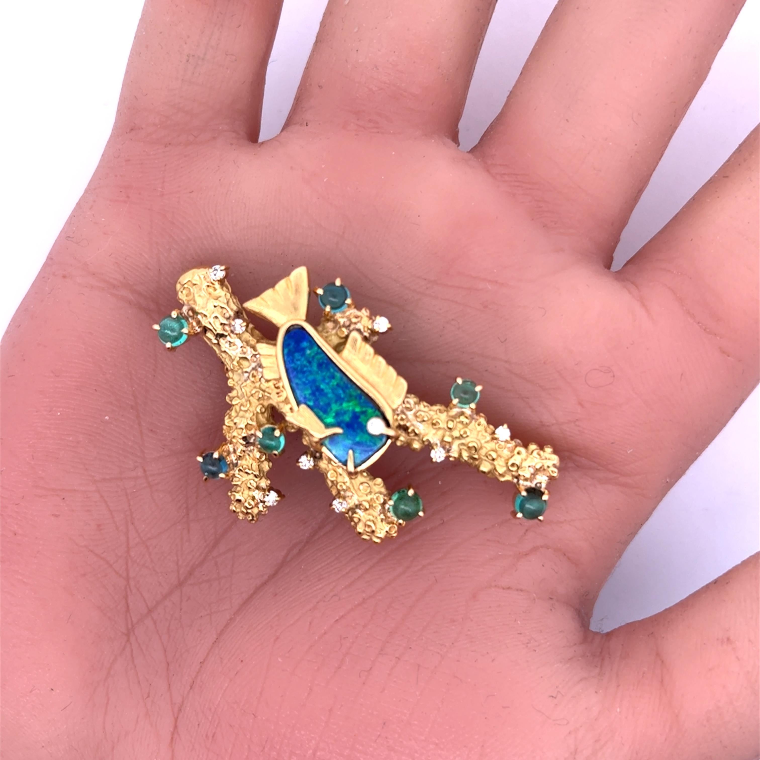 Brilliant Cut Boulder Opal & Paraiba Tourmaline Diamond 18k Yellow Gold “Fish in Coral” Brooch For Sale