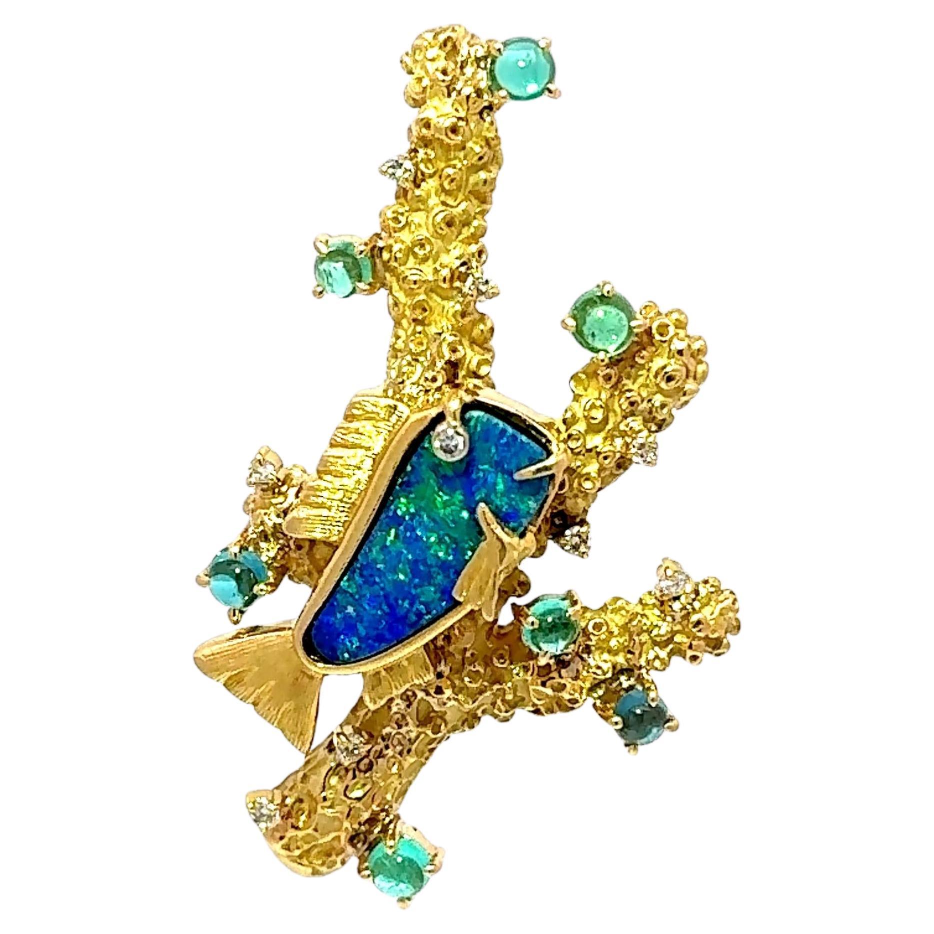 Boulder Opal & Paraiba Tourmaline Diamond 18k Yellow Gold “Fish in Coral” Brooch