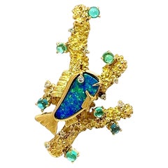 Boulder Opal & Paraiba Tourmaline Diamond 18k Yellow Gold “Fish in Coral” Brooch