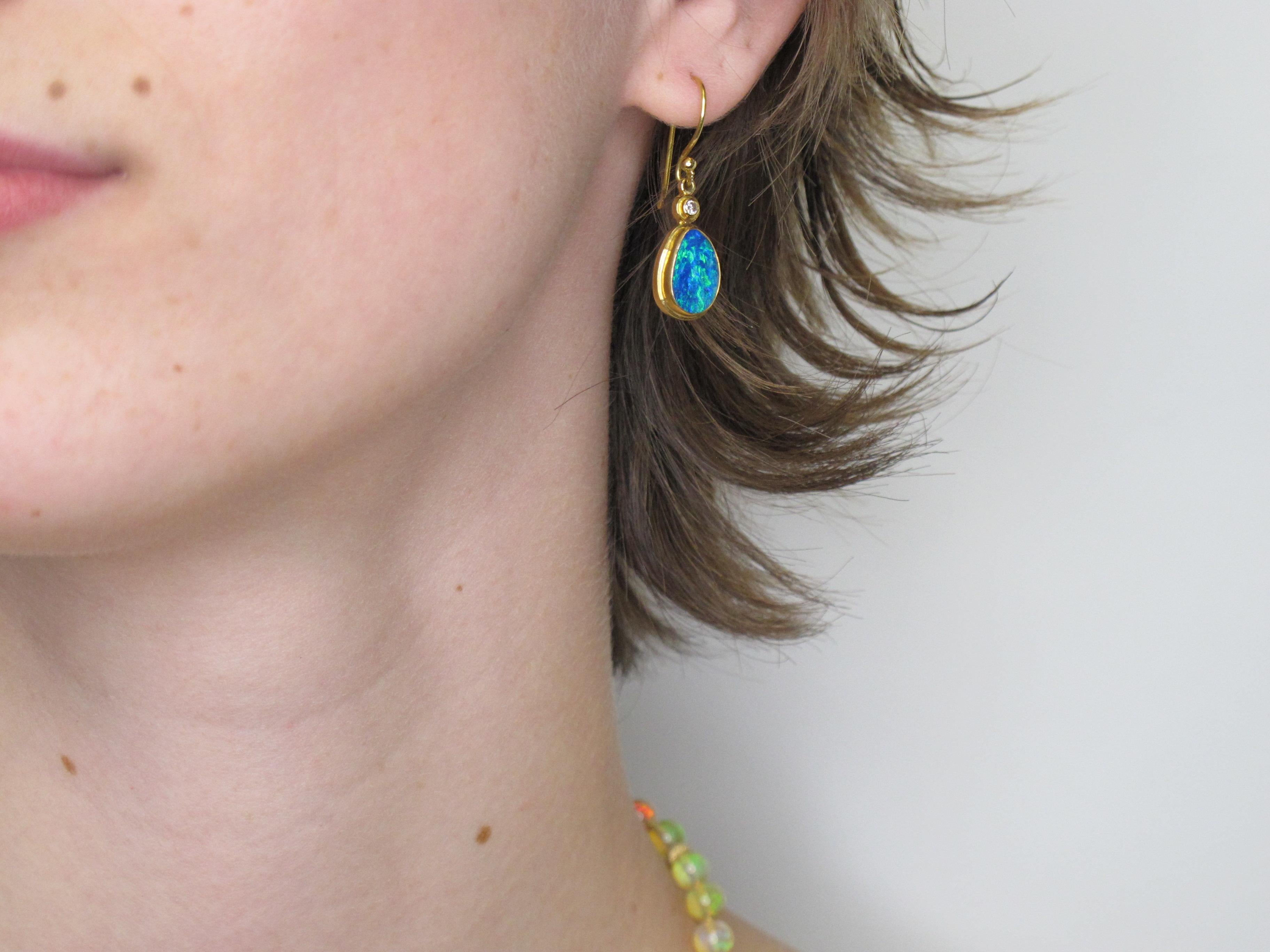Artisan Boulder Opal with .06 Carat Diamonds, 18 Karat Yellow Gold Drop Earrings