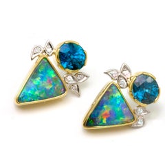 Boulder Opal with 10.4 Ctw Blue Zircon and .20 Ctw Diamonds set in 18K, Platinum