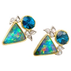 Boulder Opal with 10.4 Ctw Blue Zircon and .20 Ctw Diamonds set in 18K, Platinum