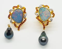 Boulder Opal with Ruby, Diamond and South Sea Pearl Earrings in 18 Karat Gold