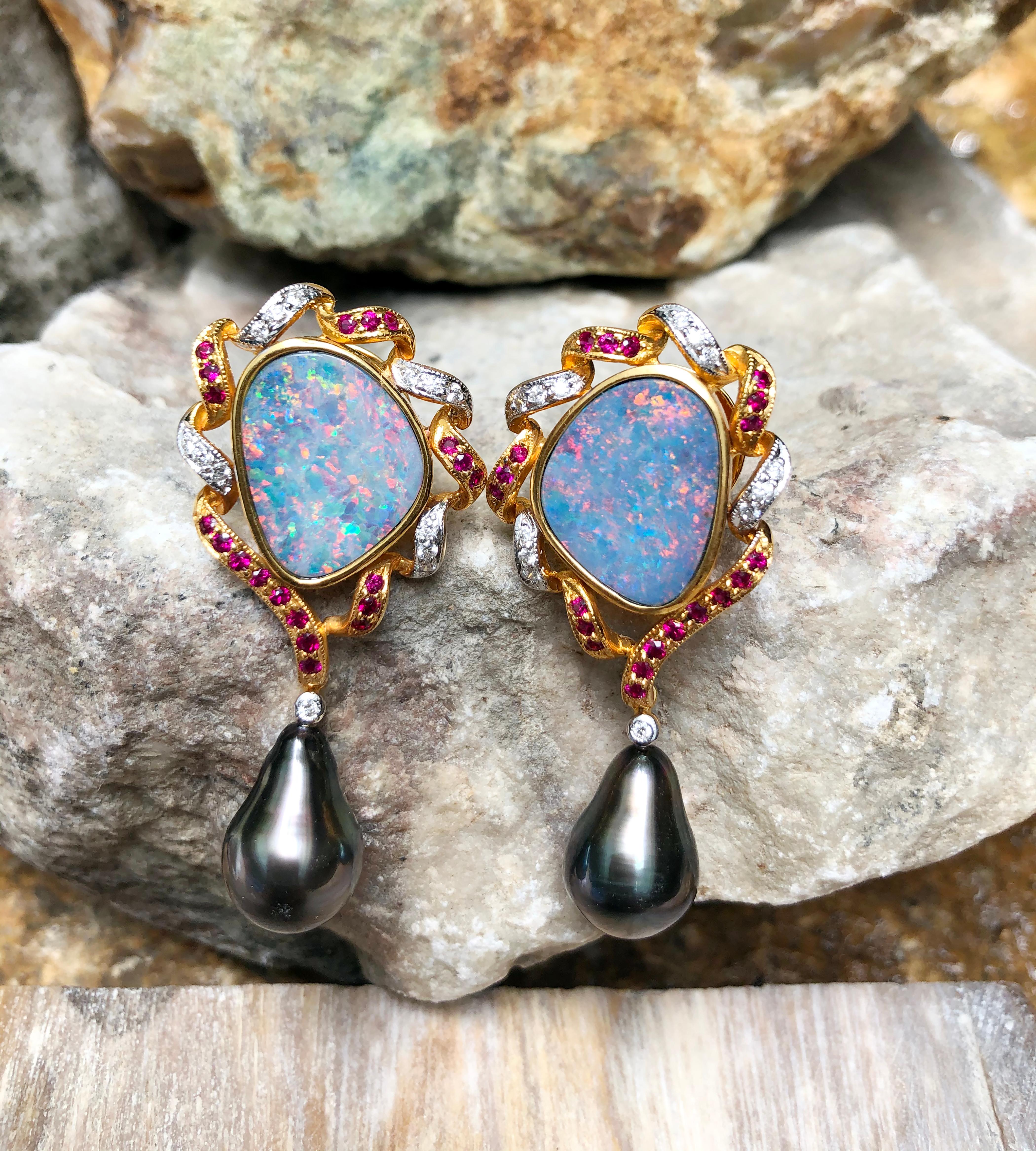 Mixed Cut Boulder Opal with Ruby, Diamond and South Sea Pearl Earrings in 18 Karat Gold For Sale