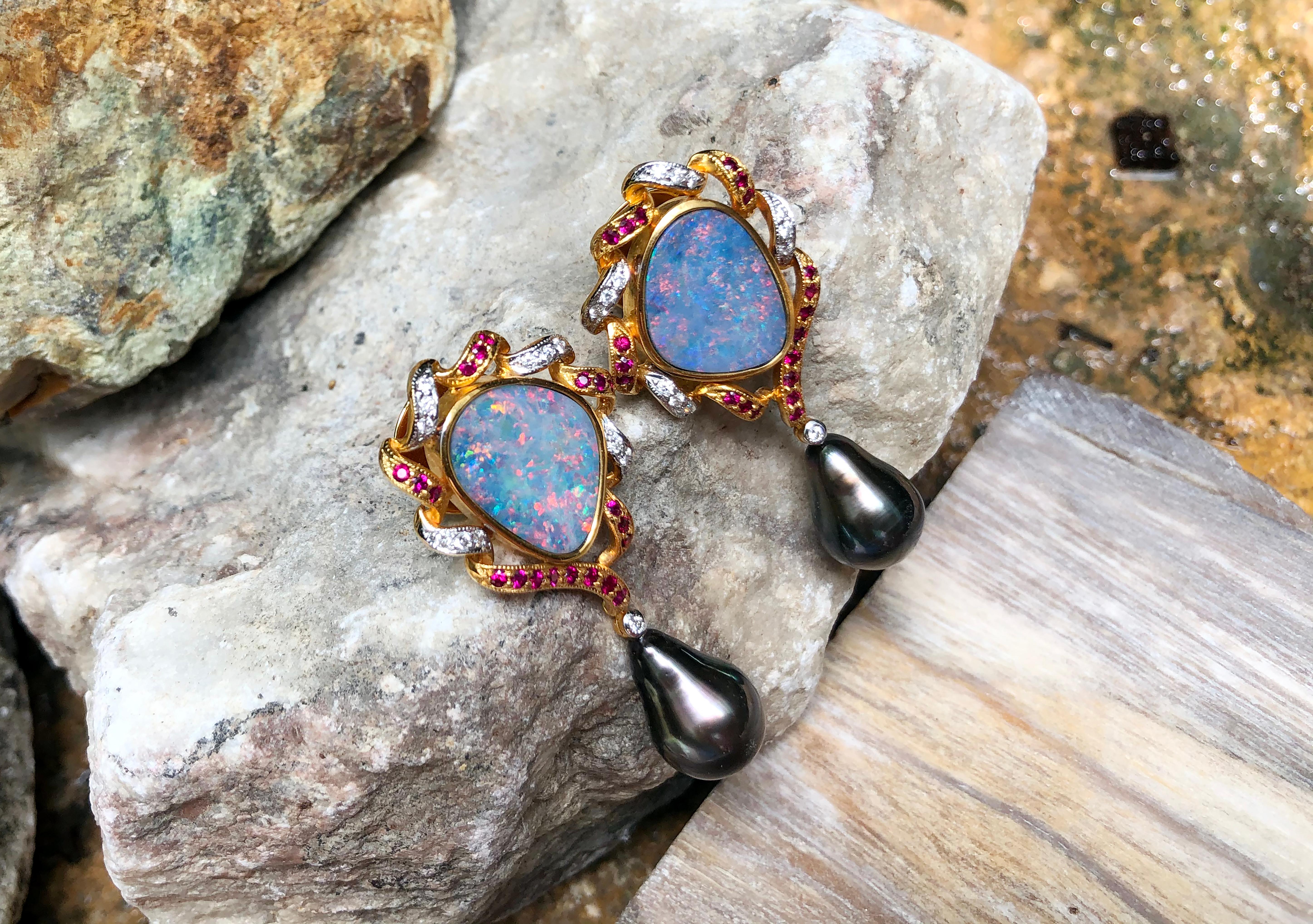 Boulder Opal with Ruby, Diamond and South Sea Pearl Earrings in 18 Karat Gold In New Condition For Sale In Bangkok, TH