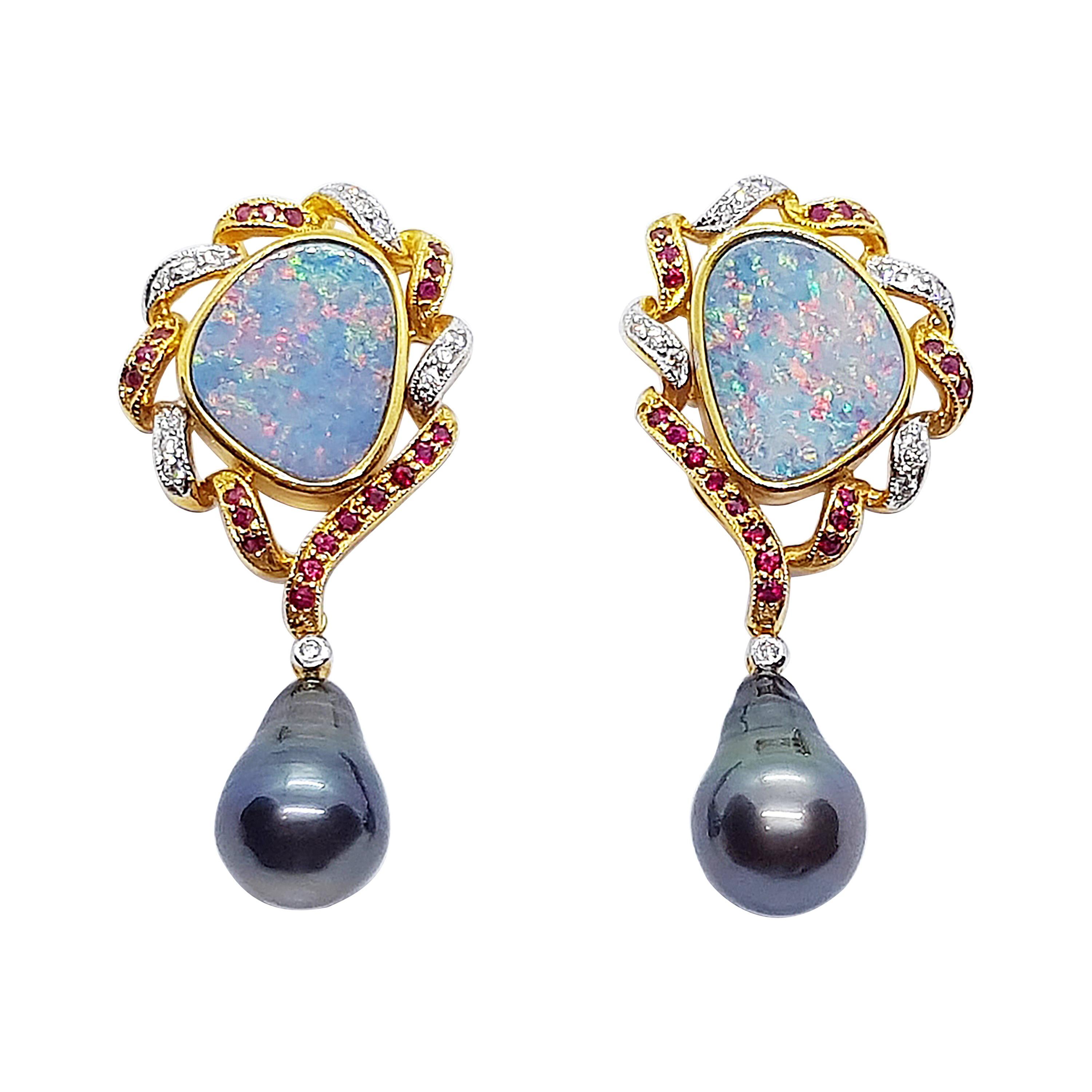 Boulder Opal with Ruby, Diamond and South Sea Pearl Earrings in 18 Karat Gold For Sale