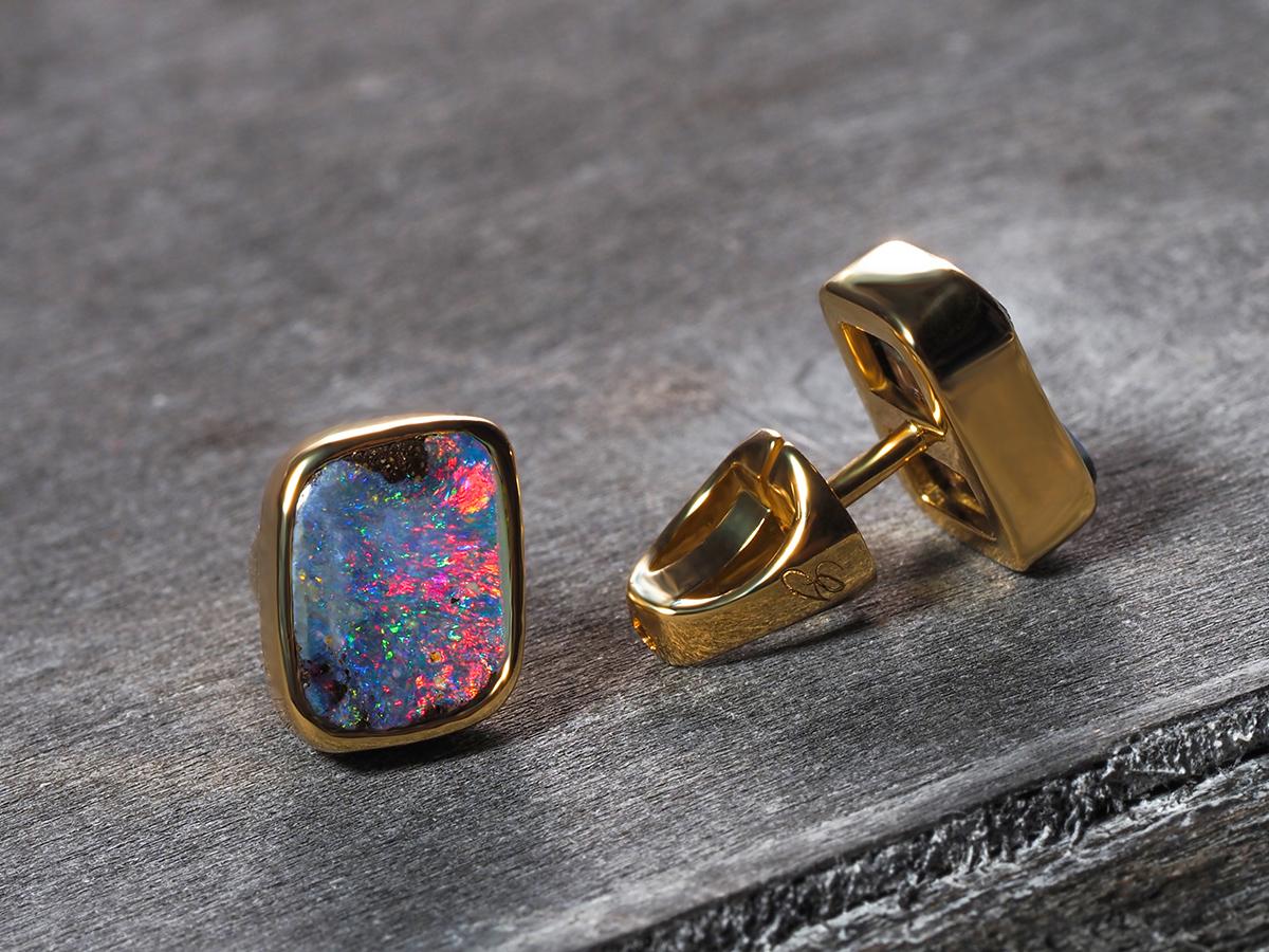 Artisan Opal Gold Earrings Polychrome Cosmic Purple Australian opal For Sale