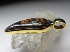 Boulder Opal Yellow Gold Plated Silver Pendant Natural Multicolor Pattern Stone