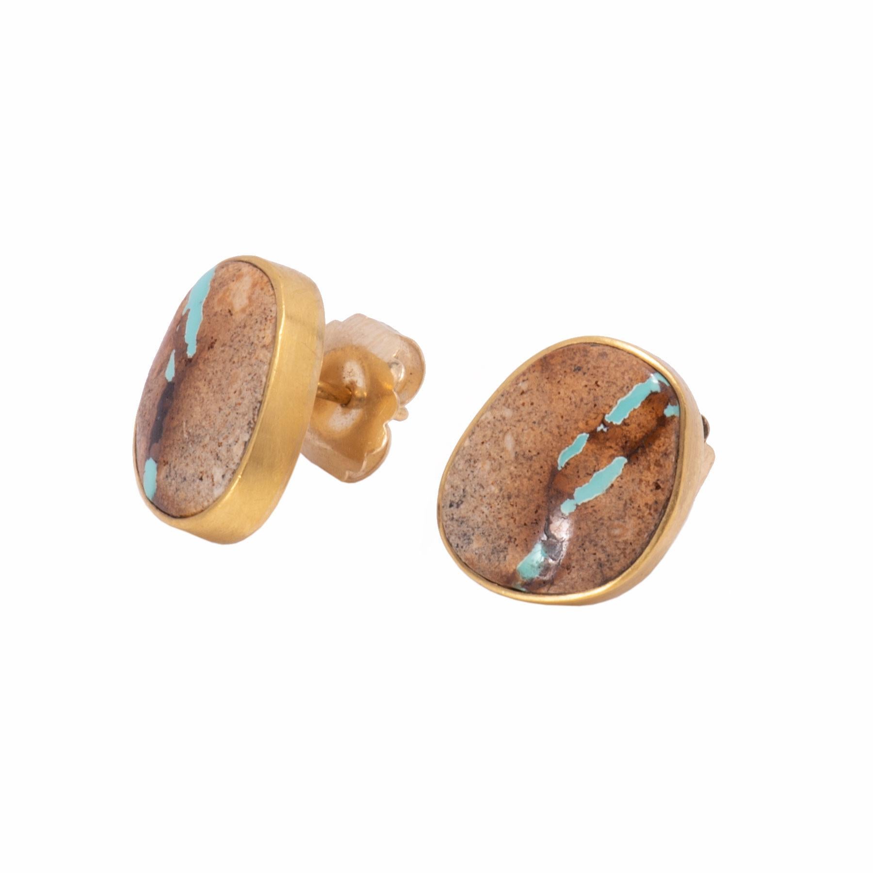 Contemporary Boulder Turquoise Stud Earrings in 22 Karat Gold For Sale