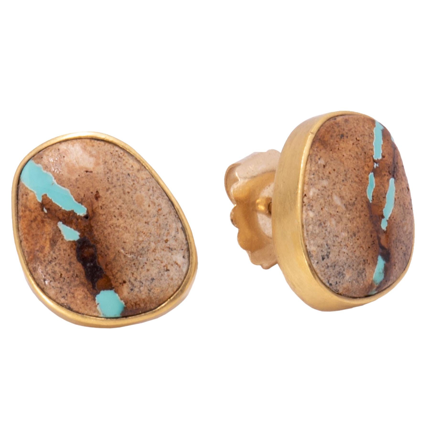 Boulder Turquoise Stud Earrings in 22 Karat Gold For Sale