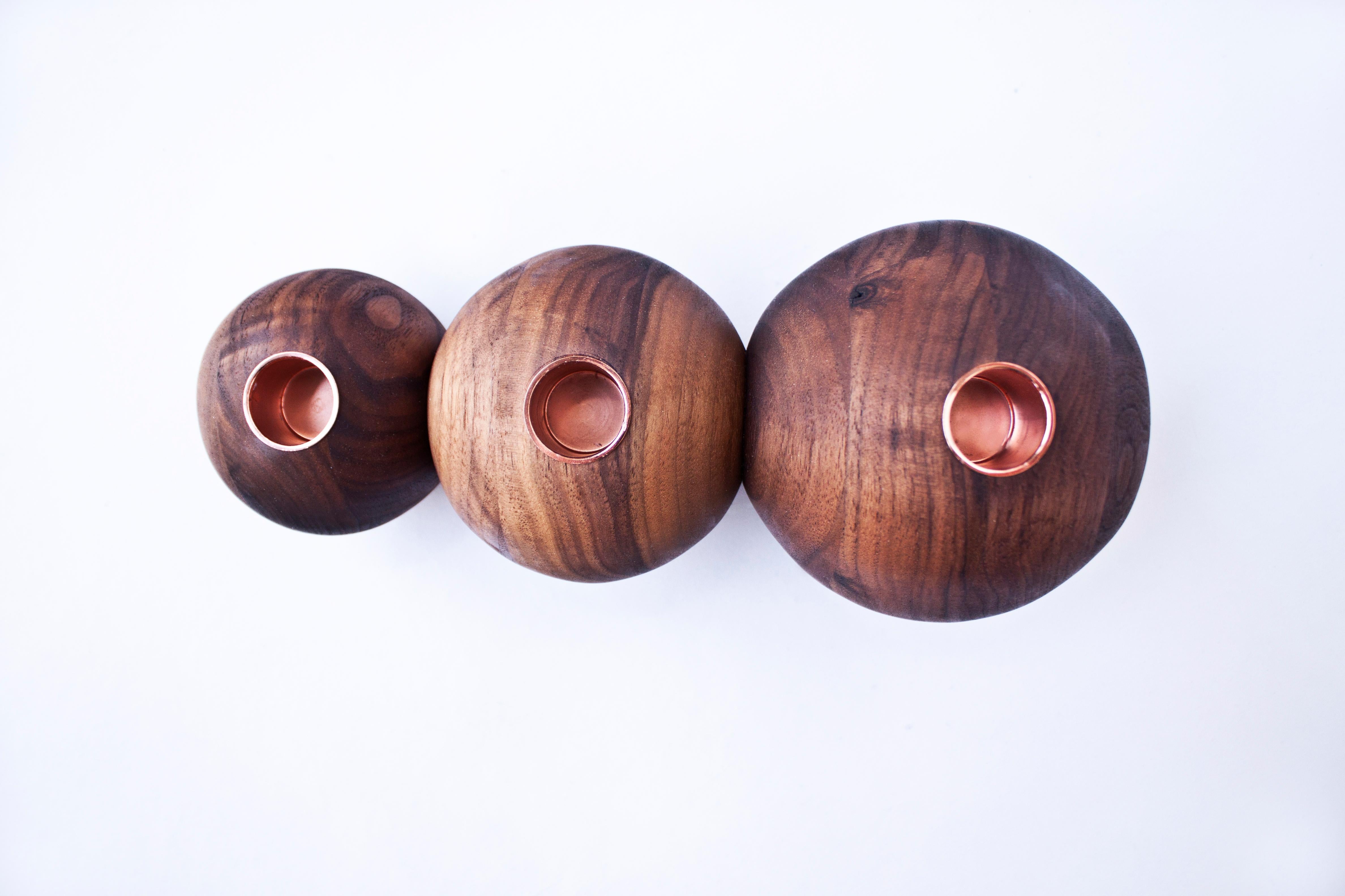 Turned Contemporary Candle Holder, Boule #1, Carved Walnut and Brass by Nadine Hajjar For Sale