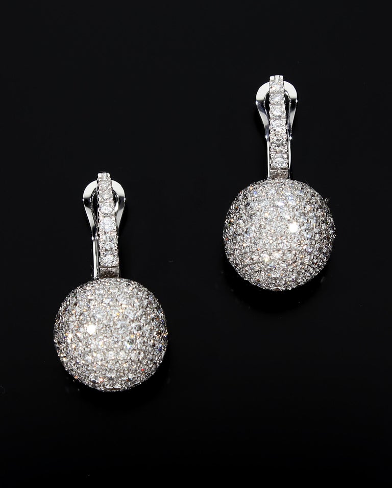 Women's Boule Earrings with Pavè of 13.00 Carats of Diamonds in 18 Kt White Gold For Sale