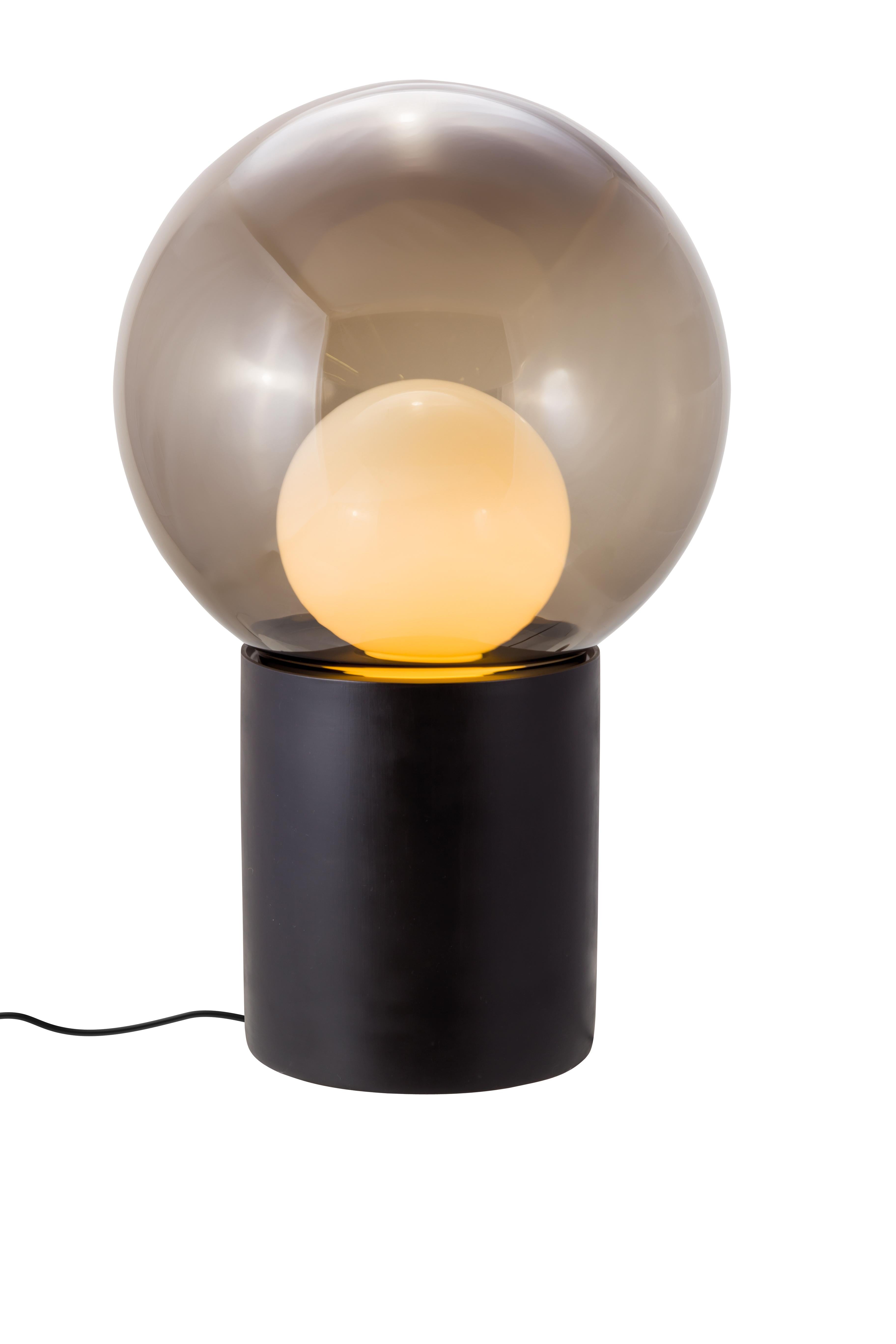 Boule high smoky grey opal white black floor lamp by Pulpo
Dimensions: D52 x H82.5cm
Materials: ceramic, handblown glass, coloured, textile.

Also available in different finishes: transparent opal white black, transparent smoky grey black, smoky