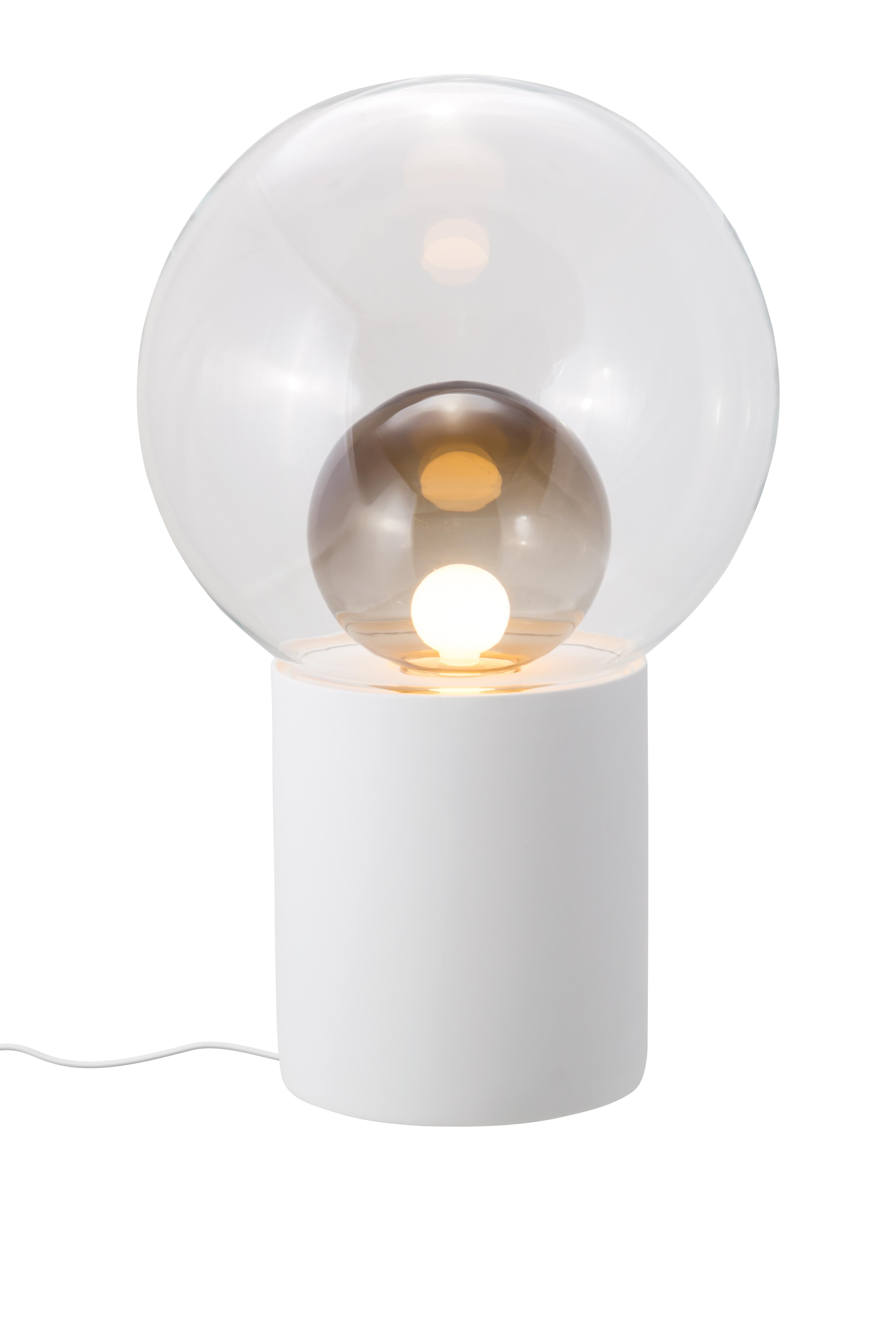 Boule high transparent smoky grey white floor lamp by Pulpo
Dimensions: D52 x H82.5cm
Materials: ceramic, handblown glass, coloured, textile.

Also available in different finishes: transparent opal white black, transparent smoky grey black,